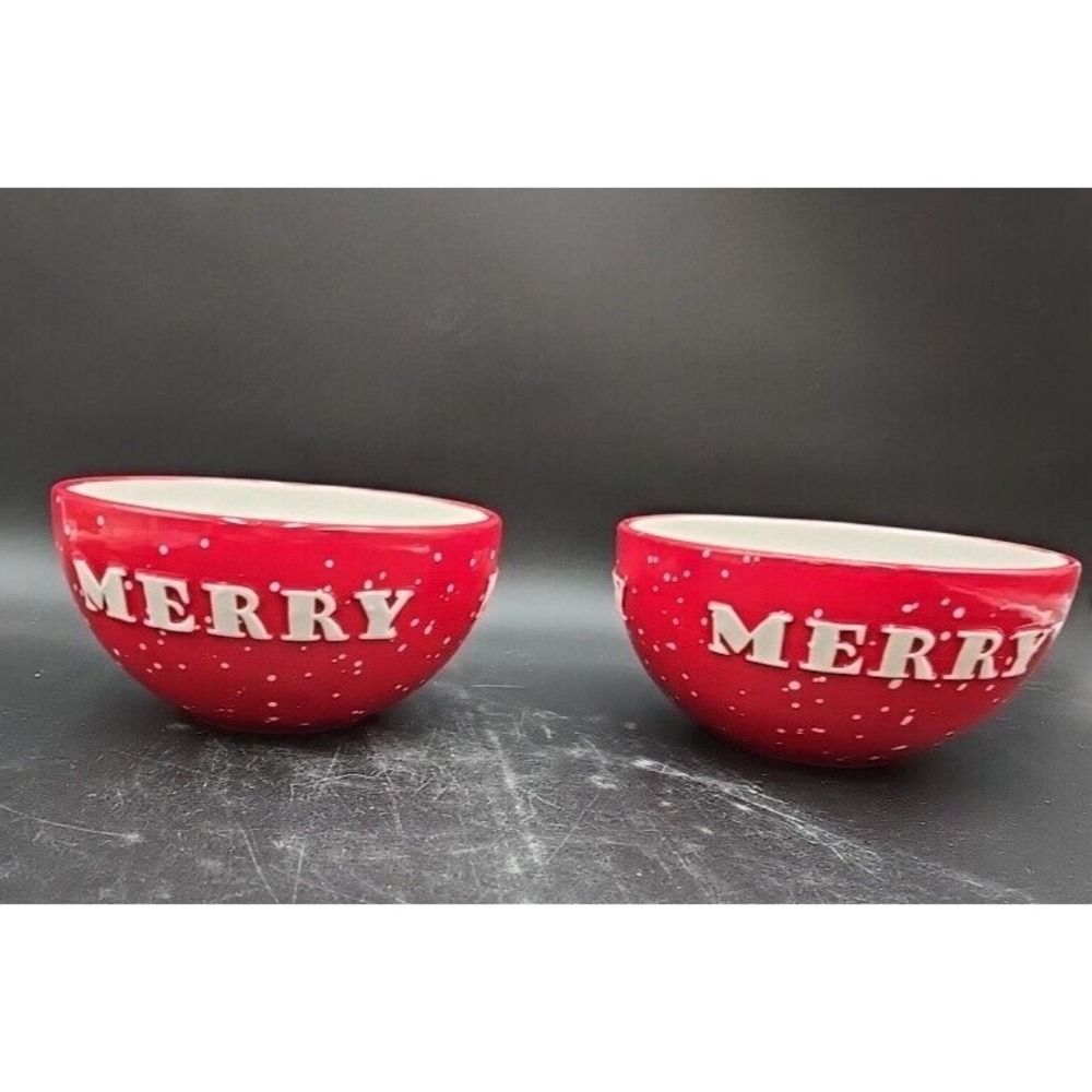 2 MERRY Holiday Christmas Bowls Red‎ White TIME TO CELEBRATE Dept 56 Rare